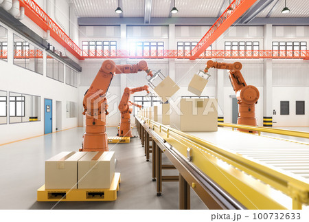 Automation factory or cargo with robot arms and warehouse robots 100732633
