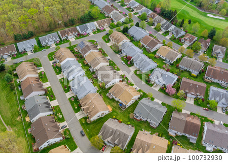 Houses and roads small American town on an aerial view of spring trees. Houses and roads small American town on an aerial view of spring trees. 100732930