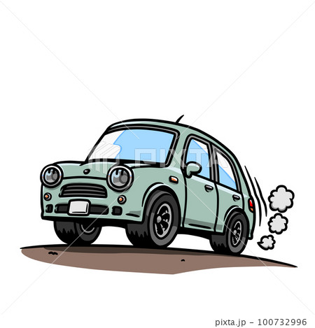 田舎道をゆっくり走る自動車のイラスト（パステルグリーン） 100732996