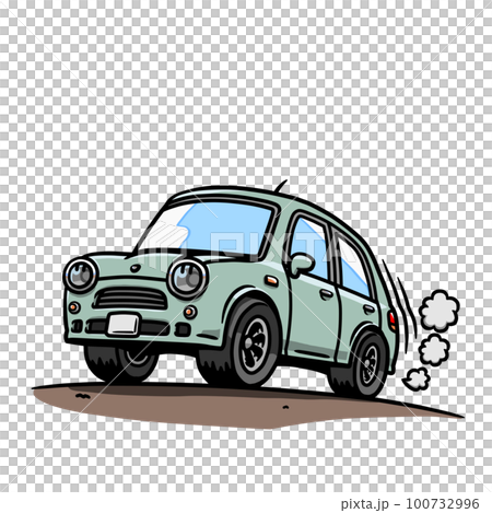 田舎道をゆっくり走る自動車のイラスト（パステルグリーン） 100732996