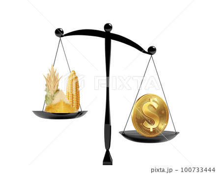 ドル通貨の方に傾き小麦・トウモロコシ・砂糖の穀物の価値が下がりデフレ・通貨高をイメージさせる天秤 100733444