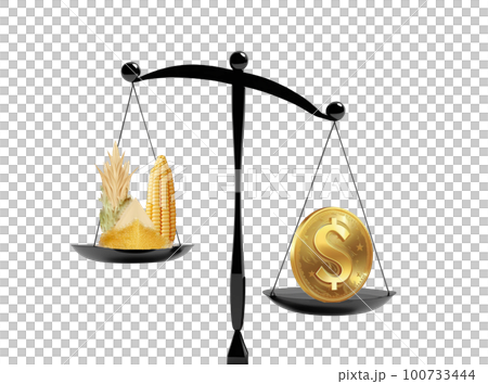 ドル通貨の方に傾き小麦・トウモロコシ・砂糖の穀物の価値が下がりデフレ・通貨高をイメージさせる天秤 100733444