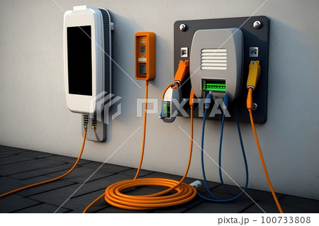 electric car charging station, with multiple cables and cars in various stages of charging, created with generative ai electric car charging station, with multiple cables and cars in various stages of charging, created with generative ai 100733808