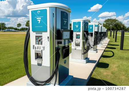 electric car charging station with multiple chargers, catering to drivers with various vehicles, generative ai electric car charging station with multiple chargers, catering to drivers with various vehicles, generative ai 100734287