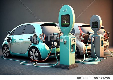electric car charging station with multiple cars plugged in, forming a mini-charging bazaar, created with generative ai 100734290