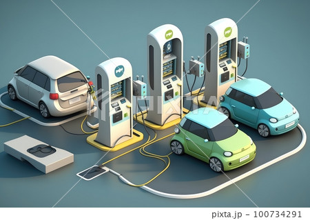 electric car charging station with multiple cars plugged in, forming a mini-charging bazaar, created with generative ai 100734291