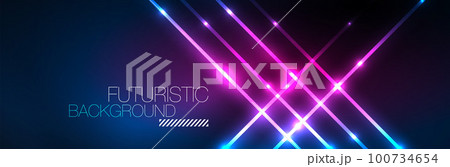 Shiny neon lights, dark abstract background with blurred magic neon light curved lines 100734654