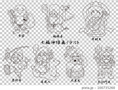 可愛手繪七大福星線描插圖集 100735260