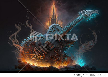 electric guitar, with smoke and flames, in hellish landscape, created with generative ai electric guitar, with smoke and flames, in hellish landscape, created with generative ai 100735499