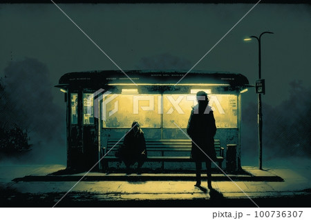 bus stop, with flickering streetlight and silhouettes of passersby, at night, created with generative ai 100736307