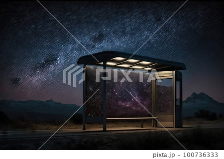 bus stop, with view of the night sky, and stars visible overhead, created with generative ai 100736333