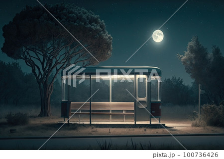 a bus stop in a serene park, with the moon shining above, created with generative ai 100736426