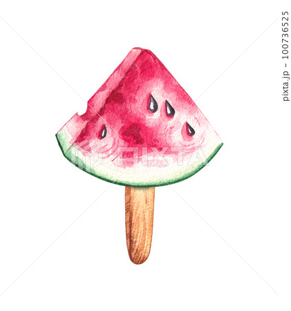 Watercolor piece of watermelon on a stick on a white isolated background 100736525