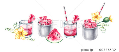 Watercolor set of watermelon cocktails with a beautiful arrangement of flowers, slices, ratsenias 100736532