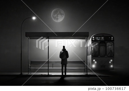 a lone figure waits at a bus stop in the dark,...のイラスト素材 [100736617 ...