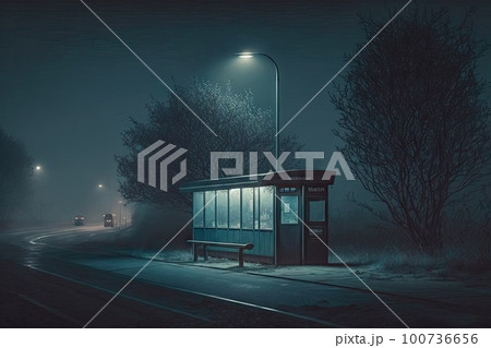 a deserted bus stop in the middle of the night, with only a dimly lit streetlamp to provide light, created with generative ai 100736656