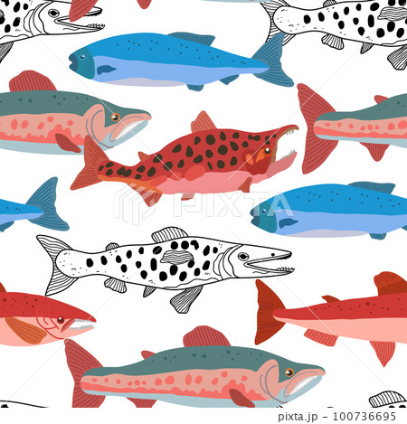 Seamless pattern with doodle salmon fish in modern original trendy style. Colorful vivid print for design. Vector hand drawn illustration. 100736695