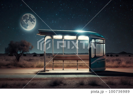 empty bus stop at night with the moon and the stars shining in the sky, created with generative ai empty bus stop at night with the moon and the stars shining in the sky, created with generative ai 100736989