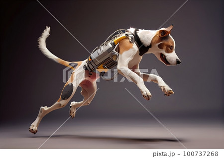 dog running and jumping with robotic leg, showing off its agility, created with generative ai 100737268