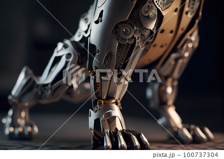 close-up of dog's robotic leg, with intricate mechanical joints and metal plates visible, created with generative ai 100737304