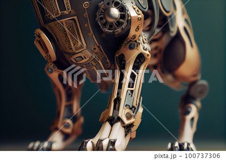 close-up of dog's robotic leg, with intricate mechanical joints and metal plates visible, created with generative ai 100737306