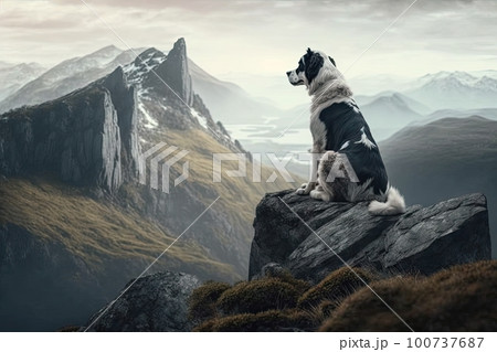 majestic mountain range, with dog sitting on rocky outcrop, surveying the view, created with generative ai 100737687