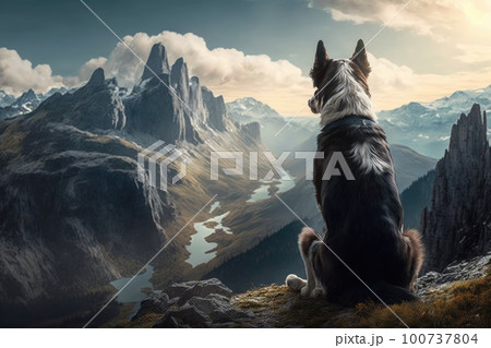 majestic mountain range, with dog sitting on rock and looking out over the scenery, created with generative ai 100737804