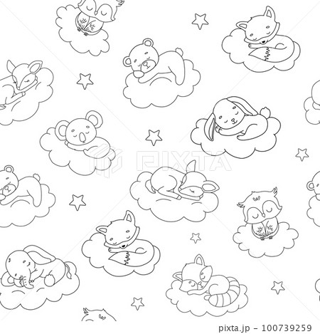 Cute dreaming bear, deer and raccoon on cloud. Cartoon hand drawn vector outline seamless pattern. Line baby animal Cute dreaming bear, deer and raccoon on cloud. Cartoon hand drawn vector outline seamless pattern. Line baby animal 100739259