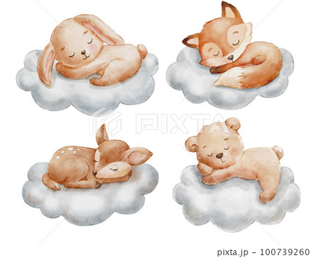 Cute dreaming bear, deer, fox and bunny on cloud. Cartoon hand drawn watercolor illustration. Baby animals 100739260