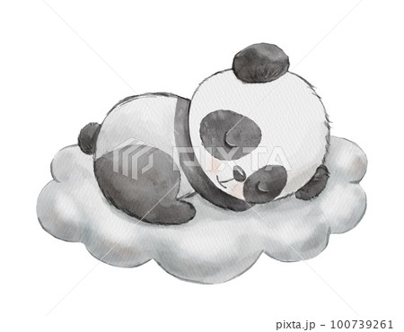 Cute dreaming panda on cloud. Cartoon hand drawn watercolor illustration. Baby animal Cute dreaming panda on cloud. Cartoon hand drawn watercolor illustration. Baby animal 100739261