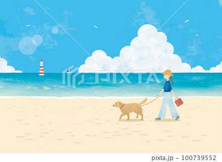 夏の空と海と砂浜を散歩する犬と女性水彩画 100739552