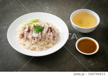 Hainanese Chicken Rice or steamed rice with chicken Hainanese Chicken Rice or steamed rice with chicken 100740815