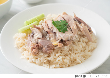 Hainanese Chicken Rice or steamed rice with chicken Hainanese Chicken Rice or steamed rice with chicken 100740828