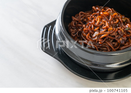 Korean black spaghetti or instant noodle with roasted chajung sauce Korean black spaghetti or instant noodle with roasted chajung sauce 100741105
