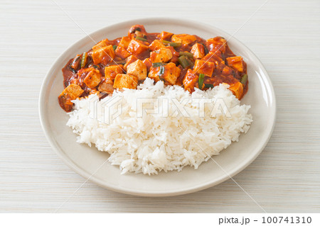 Mapo Tofu - The traditional Sichuan dish of silken tofu and ground beef, packed with mala flavor from chili oil and Sichuan peppercorns. 100741310