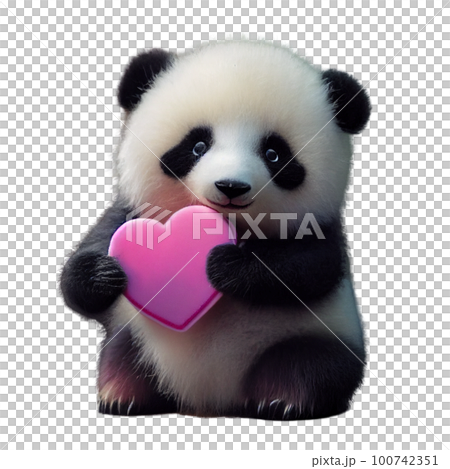 一隻毛茸茸的可愛熊貓寶寶抱著一顆心的 3D 插圖 100742351