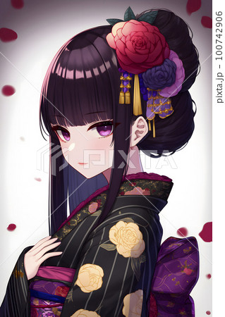 艶やかな着物がよく似合う女性　イラスト「AI生成画像」 100742906