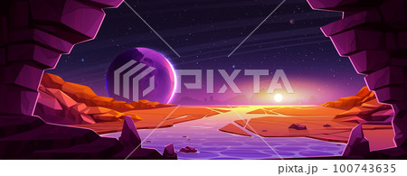 Space background with alien planet landscape Space background with alien planet landscape 100743635