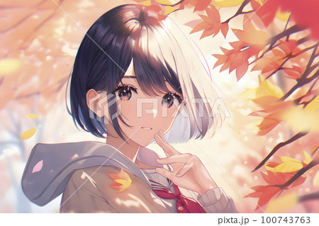 紅葉の季節 真っ赤に色づいた葉 女性 アニメ風イラスト「AI生成画像