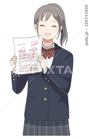 テストで100点満点を取る学生服笑顔の女の子(ポニーテールへア) 100743800
