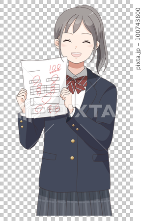 テストで100点満点を取る学生服笑顔の女の子(ポニーテールへア) 100743800