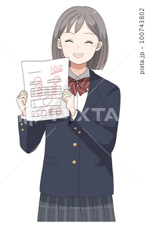 テストで100点満点を取る学生服笑顔の女の子(ショートへア) 100743802