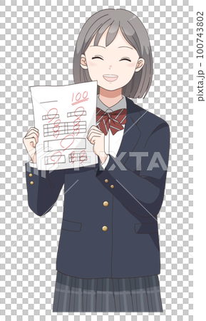 テストで100点満点を取る学生服笑顔の女の子(ショートへア) 100743802