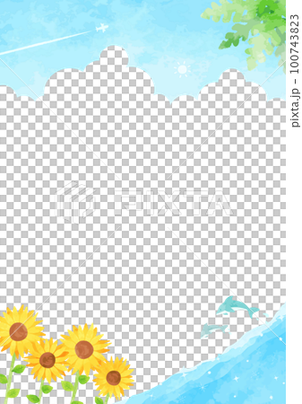 手繪向日葵和藍天大海背景插畫 100743823