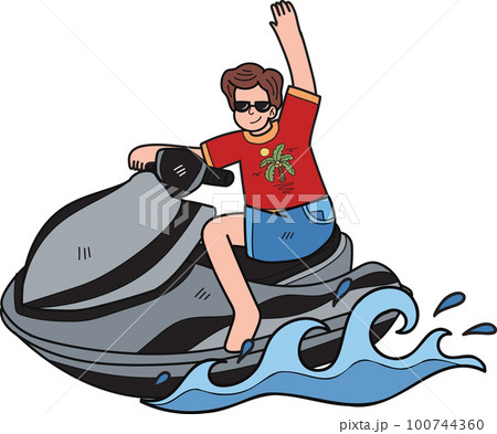Tourists are playing jet skis in the sea illustration in doodle style 100744360