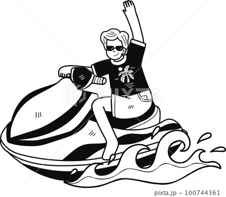 Tourists are playing jet skis in the sea illustration in doodle style 100744361