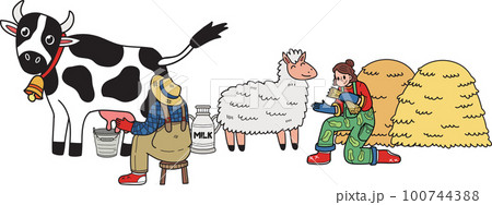 Farmers are milking cows and feeding sheep illustration in doodle style Farmers are milking cows and feeding sheep illustration in doodle style 100744388
