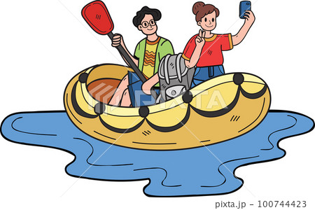couple taking selfie on boat illustration in doodle style 100744423