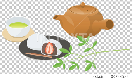 和菓子（いちご大福）と緑茶のイメージイラスト 100744585