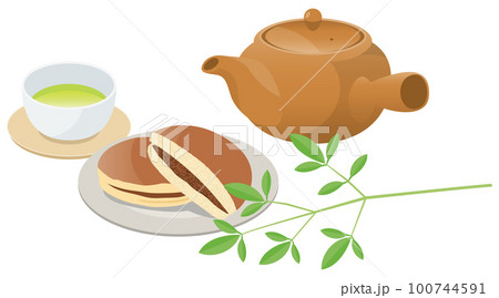和菓子(どら焼き)と緑茶のイメージイラスト 和菓子(どら焼き)と緑茶のイメージイラスト 100744591